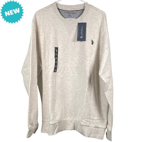 US POLO ASSN Mens XXL Crew Neck Fleece Pullover Sweatshirt Oatmeal Heather NWT - Picture 1 of 6